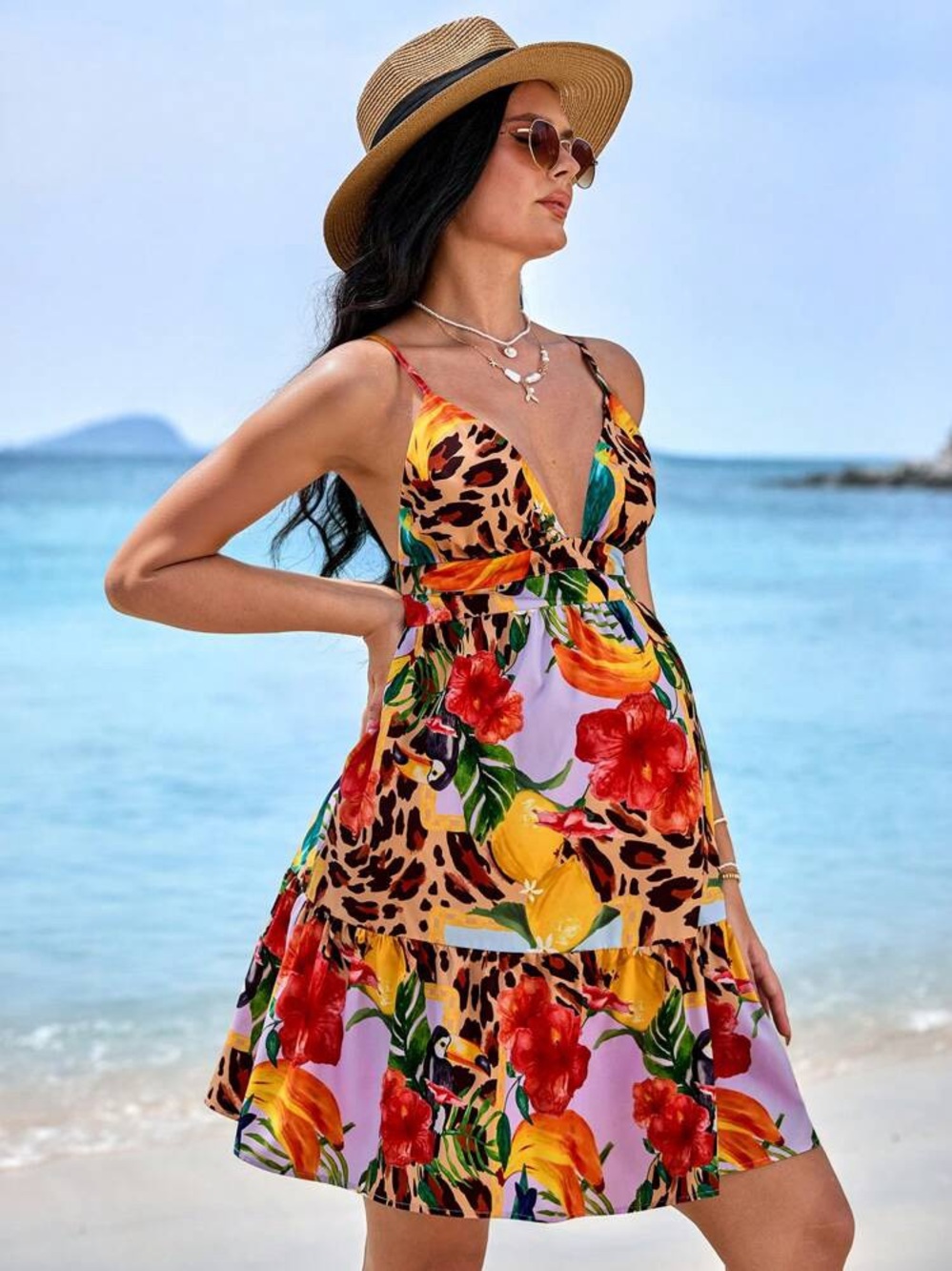 SHEIN Multicolor Tropical & Leopard Print Dress - Red, Yellow, Green, Teal